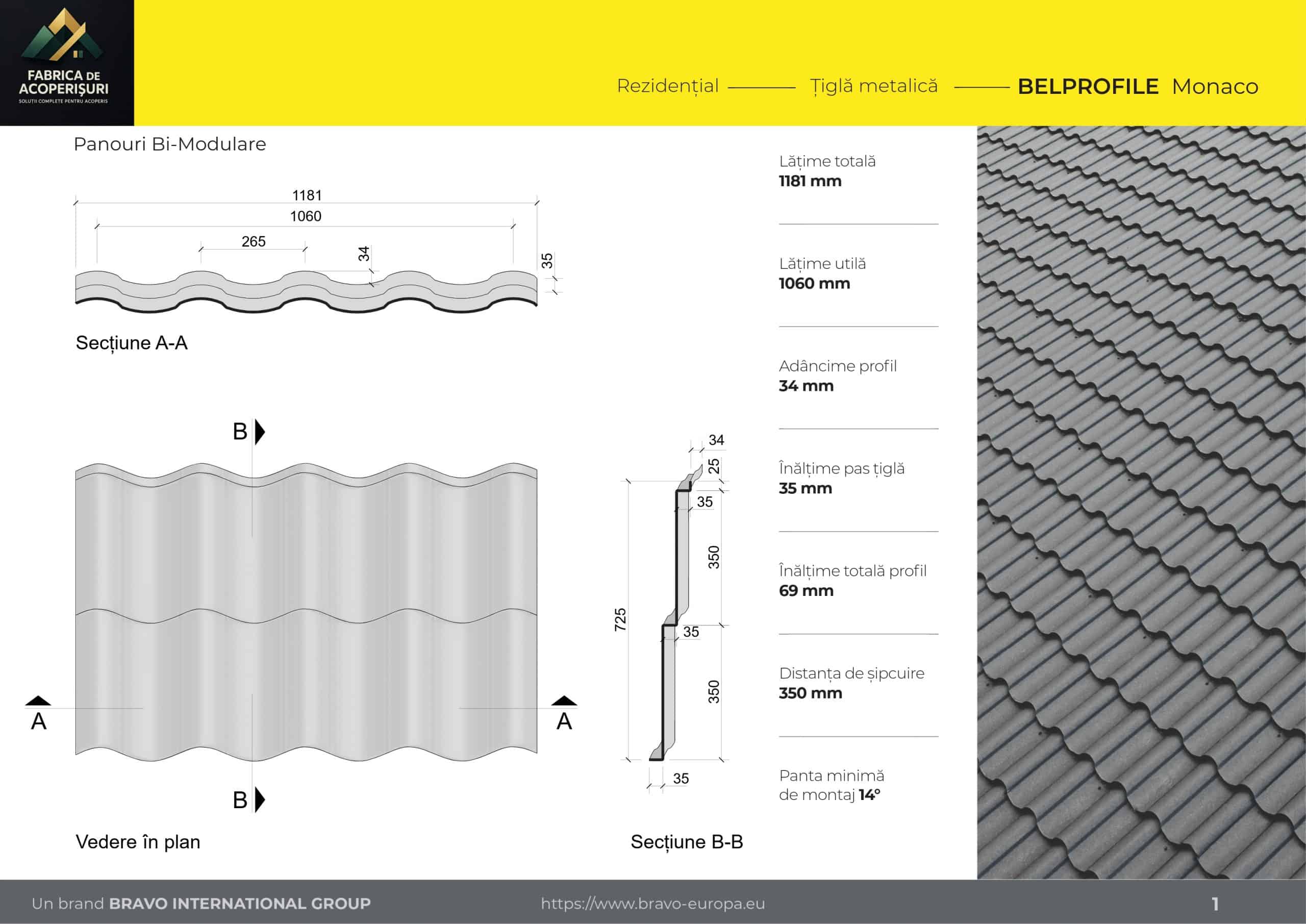 Panouri de țiglă metalică Monaco în detaliu tehnic