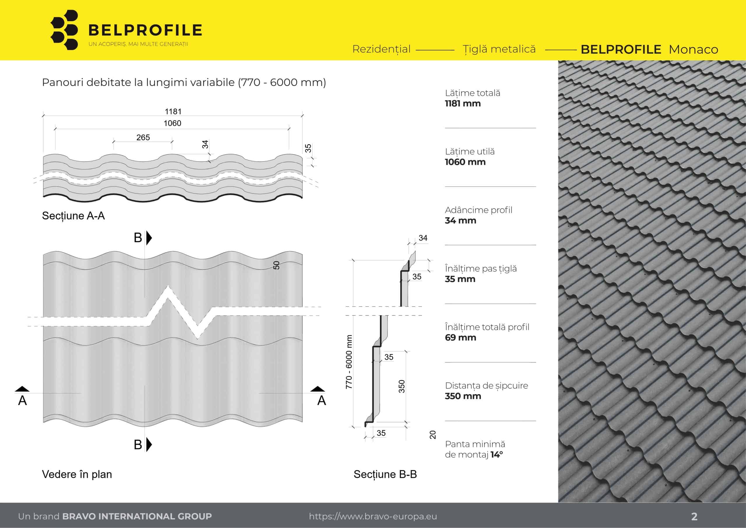 Detaliu suprafață și finisaj țiglă metalică Monaco