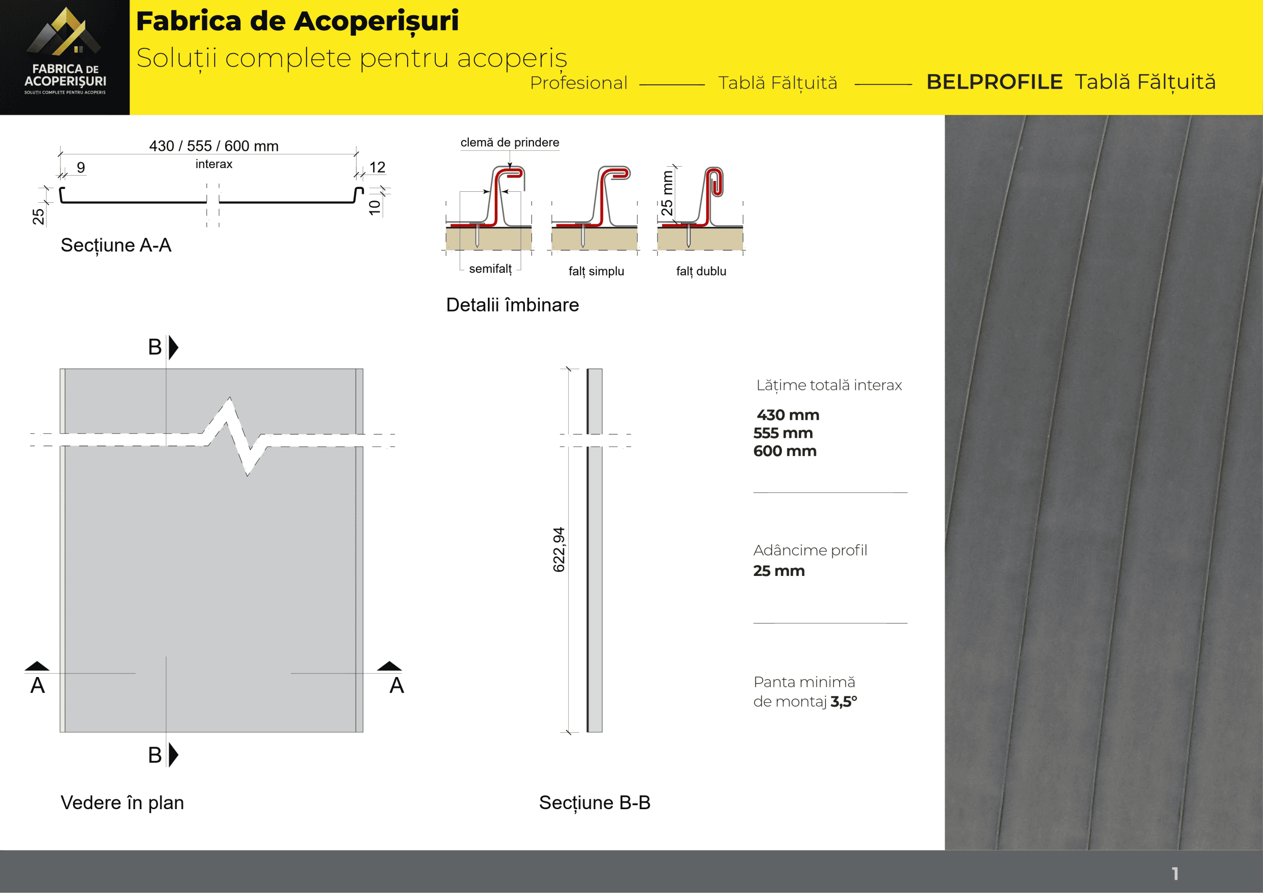 Detaliu tablă fălțuită Bellprofile – profil și îmbinare