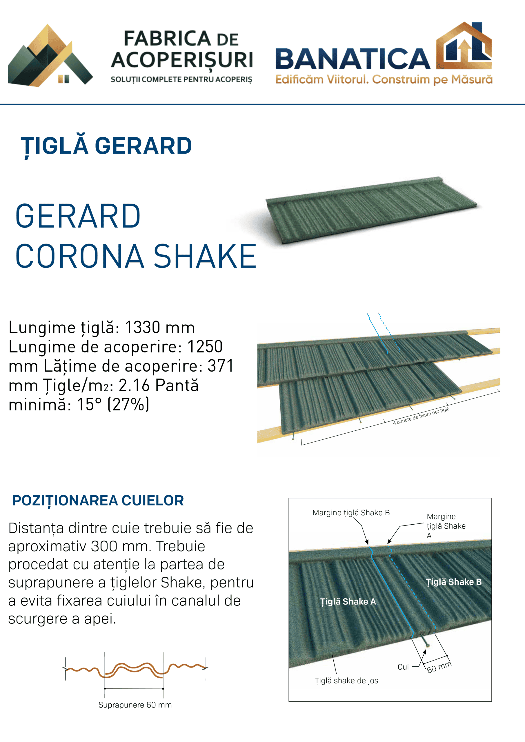 Țiglă metalică cu acoperire de piatră Gerard Corona Shake – fișă model