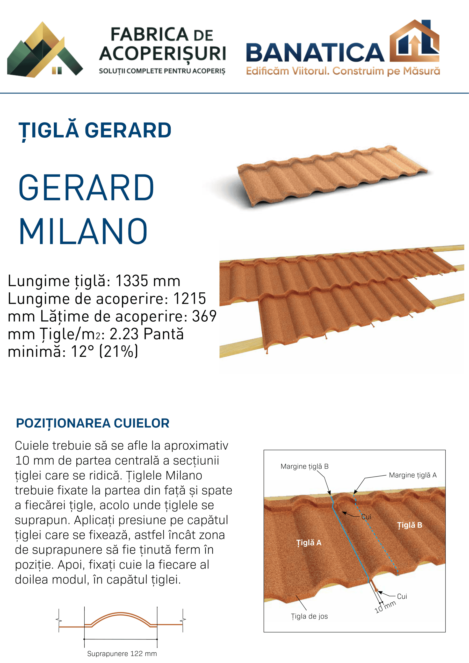 Țiglă metalică cu acoperire de piatră Gerard Milano – fișă model